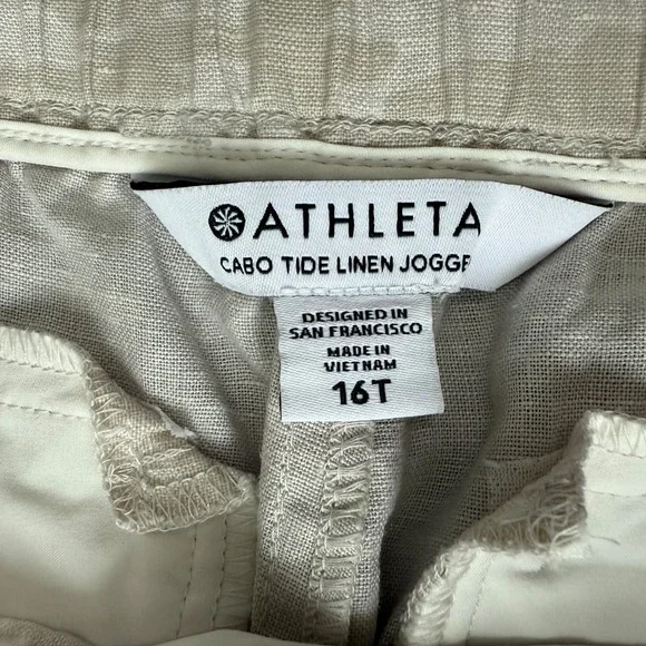 Athleta Cabo Tide Linen Jogger Pants Womens Size 16T Tall Beige Camo Drawstring - Picture 5 of 11